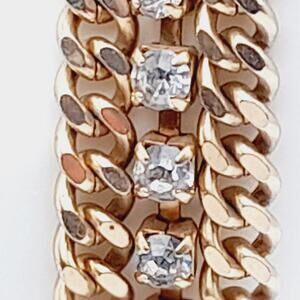 Vintage Wide Three Strand Gold Tone Bracelet - 7 1/4 Inches, Curb Rhinestones